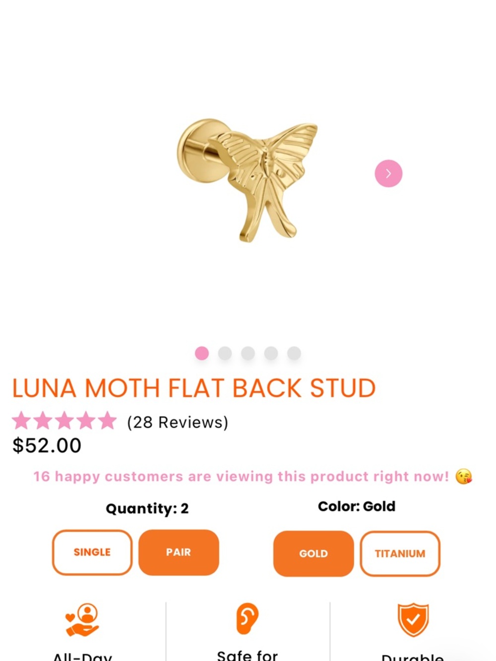 Cords Club Luna Moth Flat Back Stud Earrings (pair)- Gold
